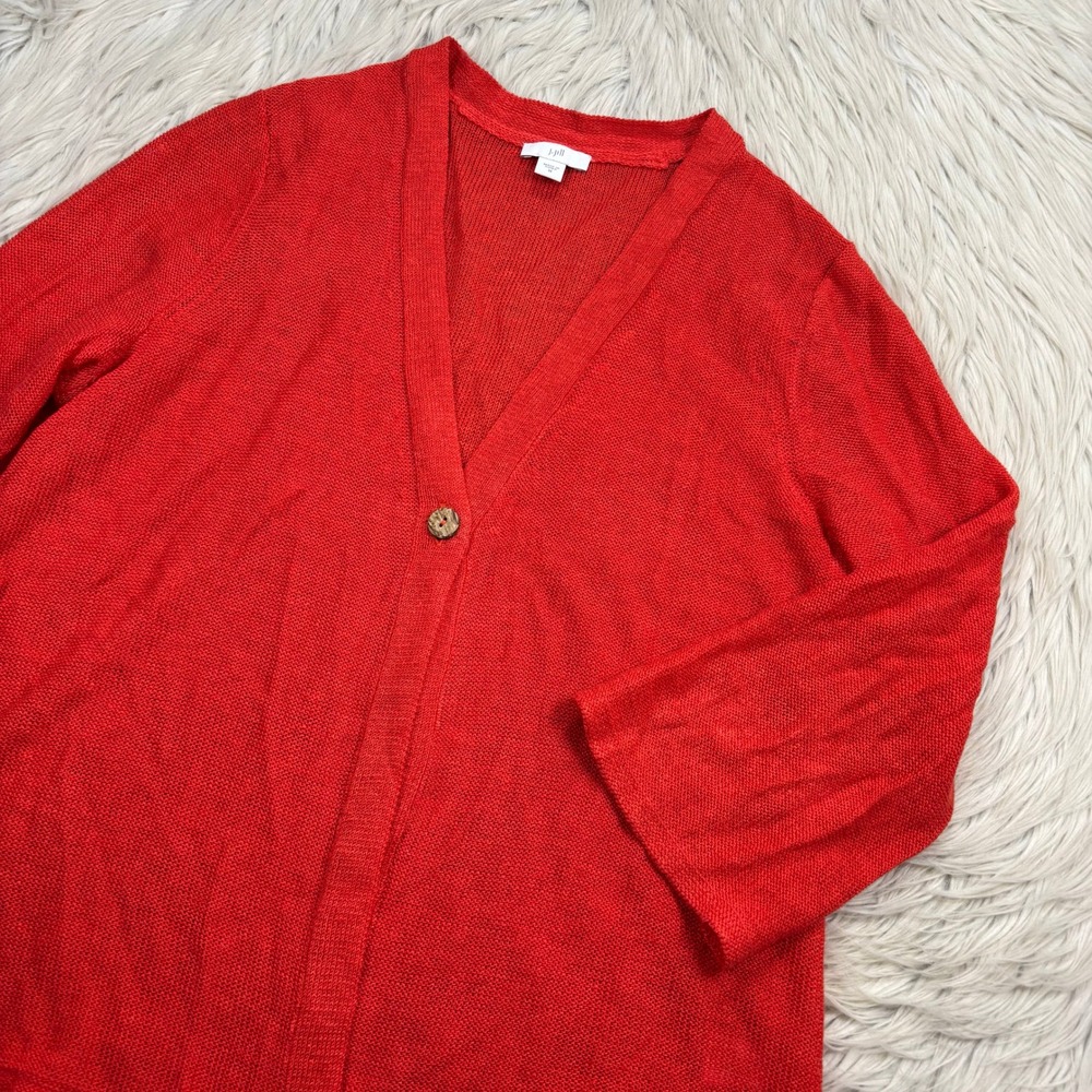 J. Jill Women's M Red Linen Blend Single Button Cardigan Coastal Beach Summer - Picture 2 of 7
